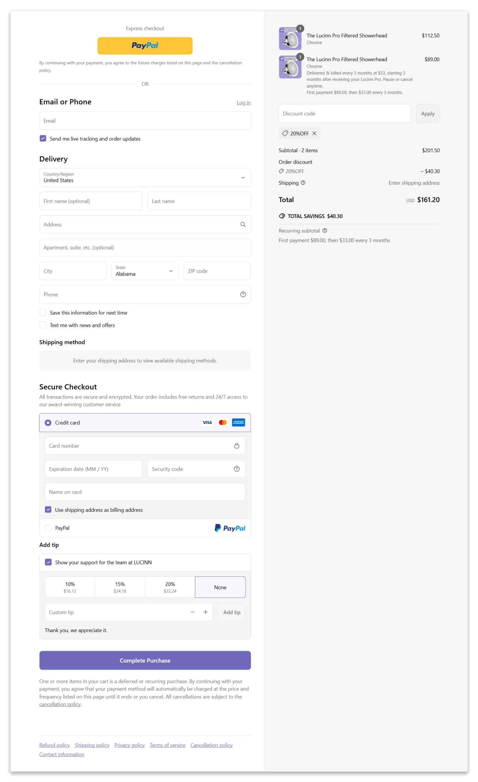 Lucinn Pro Filtered Showerhead secure checkout page